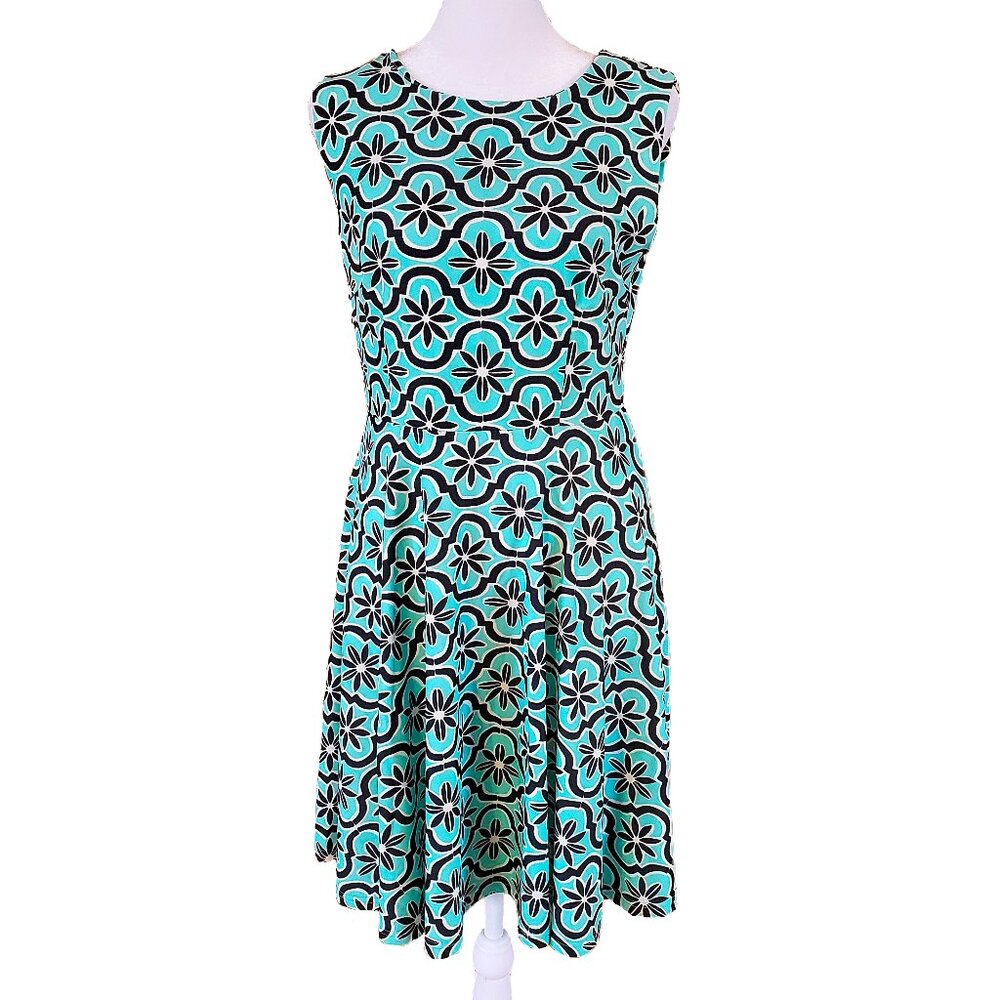 Aryeh Teal Black Floral Sleeveless Fit & Flare Dress Knee Length Women's Size S